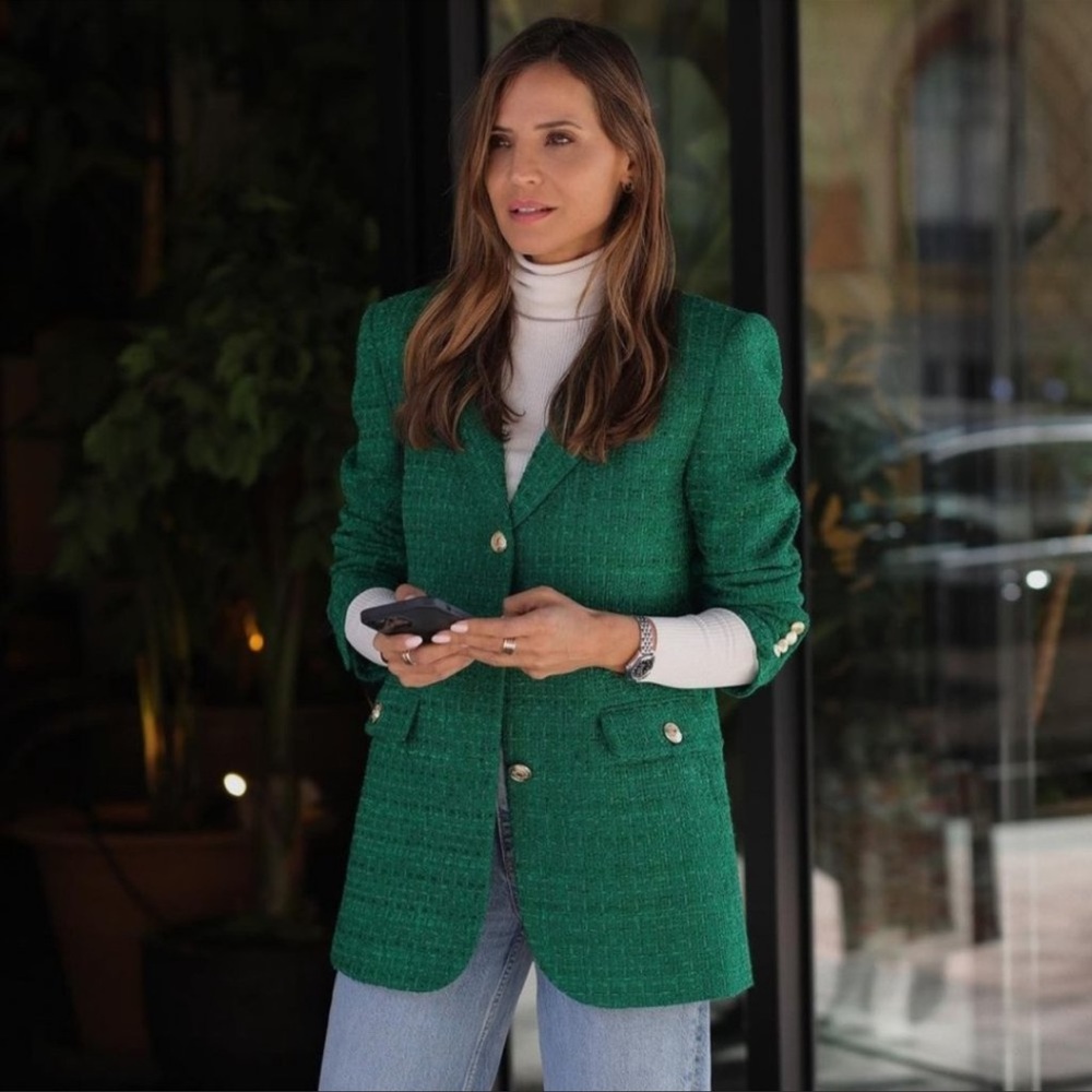 Zara Green Textured Weave Blazer